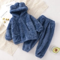 Kids navy blue flannel bear-ear pajamas set with cozy hooded top and matching trousers - Blue / 80cm