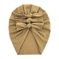 Detail of baby mustard yellow turban hat with triple knot bows and ribbed cotton texture - Khaki