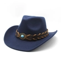 Detail of dark blue felt cowboy hat with braided leather band and turquoise gemstone - M (56-58cm) / Navy Blue