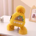 Yellow knitted baby winter hat with three large pom-poms and cute dinosaur embroidery - Triple Pompom Dinosaur Ear Flap Yellow