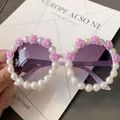 Fashion round sunglasses featuring white pearls and purple rose accents on frames - No. 23 (Pearl Purple Rose)