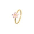 Minimalist gold flower ring featuring five pink zircon petals on white background - Gold-Pink Zirconia / US 6