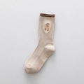 Beige mid-calf cotton sock featuring brown bear embroidery and dark brown rolled cuff - One Size / Khaki