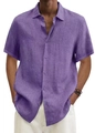 Camisa de hombre en lino y algodón color púrpura con manga corta y cuello de pico - 3XL / Tops / Púrpura