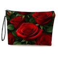 Floral makeup bag featuring all-over red rose print with black zipper and wristlet strap - Red Rose and Green Leaf (xy-051-4) / With Webbing Handle
