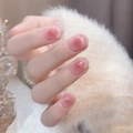 Short round gradient pink press on nails with silver glitter details on a soft background - Pink Glitter Gradient Style (XL-51-70)