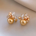Pendientes de botón bañados en oro de 18k con perlas doradas y circonitas champán - Base Dorada Perla Champán