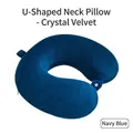 Navy blue memory foam U-shaped neck pillow in soft crystal velvet with snap buckle - Navy Blue