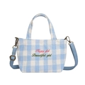 Blue gingham canvas crossbody bag for kids with colorful embroidered happy girl text - Letter Embroidery Style / Blue