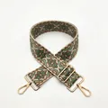 Detail view of ethnic style woven strap with green geometric patterns and gold clasps - S8 Army Green
