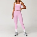 Roze yogaset met witte contrasterende bies, inclusief sportbeha en legging met hoge taille - S / Tank + Lange Broek / Kersenbloesem Roze