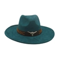 Western style cyan wide brim fedora hat with silver bull head and leather band - Dark Green