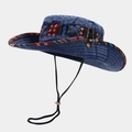 Navy denim sun hat with ethnic embroidery, wide brim, and adjustable windproof cord - One Size / Dark Blue