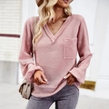 Jersey de punto de gofre rosa con cuello en V y bolsillo delantero para mujer - S / Rosa