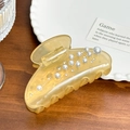 Gelbe Haarspange aus Acetat mit weißen Perlen und glitzernden Strasssteinen - 8.6cm / Transparentes Orange