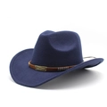 Detail of dark blue wool fedora hat with brown braided belt and bronze metal studs - M (56-58cm) / Navy Blue
