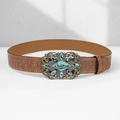 Détail d'une ceinture en cuir marron avec gaufrage et boucle turquoise vintage - 110cm / Chocolat
