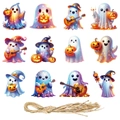 Set di 12 ciondoli a forma di fantasma di Halloween con motivi colorati e spago decor - Carte E Corda Di Canapa (J-0372)