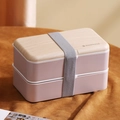Rosa zweischichtige japanische Bento-Box mit Holzdeckel und grauem Elastikband - 1.2L Versiegelt Rosa (Messer Gabel Löffel)