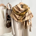 Plaid cashmere-like scarf in beige with green patterns and Good Luck patch detail - British Plaid Beige and Camel