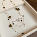 Detail of vintage double-layer necklace with golden chains and heart-shaped tiger eye beads - Heart Gemstone Pearl Long Chain / 55# Gold-Coffee-Pearl 5mm