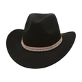 Detail of black felt cowboy hat with leather band featuring inlaid pearls and rhinestones - One Size / Black