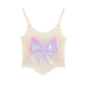 Top canotta beige all'uncinetto con dolce motivo a farfalla e orlo ondulato a conchiglia - XS / Beige con Farfalla