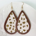 Bohemian teardrop earrings with leopard calf hair wood frames and gold metal hooks - Wood/White Gold Spotted