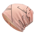 Pink knit slouchy beanie for women featuring black abstract line art and waffle texture - M (56-58cm) / Pink