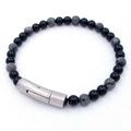 Men's beaded bracelet with black onyx, grey marble beads and brushed metal clasp - Black Onyx and Labradorite Style (KB204632-SJ)