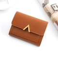 Brown bi-fold mini wallet for women with pebbled texture and gold V-shaped metal buckle - Brown