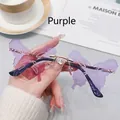 Fashionable rimless butterfly sunglasses with purple lenses and gold metal frame - Purple