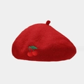 Classic red wool beret with cherry embroidery for autumn and winter daily style - One Size / Red