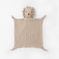 Beige cotton gauze baby security blanket with a stuffed lion head and knotted corners - Khaki Lion