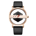 Minimalist skeleton quartz watch with rose gold case and black leather strap for fashion - Black Strap Rose Gold Case (QT290-1)