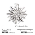 Polished silver stainless steel sun pendant charm with sparkling round white crystals - Silver Sunflower Pendant PJ93198B