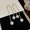 Eleganti orecchini nappe in argento S925 con strass scintillanti e perle bianche - Lunga Frangia di Perle Tutto Diamanti Oro (E0201 Oro)