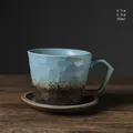 Japanese retro ceramic coffee cup and saucer set in light blue and brown 350ml - Knife-cut Textured Coffee Cup And Saucer - Gradient Blue 350ml / Universal