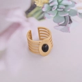Bague ajustable en acier inoxydable doré à plusieurs couches avec pierre noire ovale - Ouvert Réglable