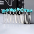 Macro detail of Bohemian silver wire hair comb with natural turquoise stone fragments - Turquoise + 20-Tooth Silver Comb