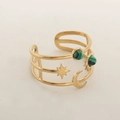 Detail view of gold stainless steel multi-layer ring with sun moon and green stones - RA04-1/Gold Malachite/Star Moon Three-layer