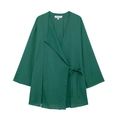 Detail of dark green wrap-around linen top with long sleeves and fabric texture - XS / Tie-Front Top / Green