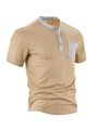 Texture gaufrée sur chemise Henley kaki avec poche grise et détails en polyester fin - Khaki (Garniture grise)