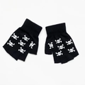 Detail view of black knitted half-finger gloves with white luminous skull print design - Adult Half Finger-Little Ghost