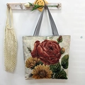 Floral brocade tote bag with red roses and striped handles for women's casual fashion - Peony Rose