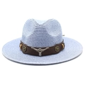 Detail of blue straw hat with dark brown belt featuring a vintage silver longhorn bull head - Sky Blue