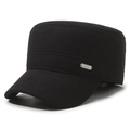 Men's black flat top cadet cap in wool blend with fashion metal badge for winter - Adjustable / Black