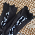Black knit Y2K lace-up arm warmers with light blue satin ribbons and ruffled edges - Black Blue Lace Long