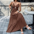 Elegant brown tiered maxi dress with thin shoulder straps and a soft glossy finish - S / Brown