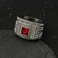 Macro shot of silver ring featuring square red gemstone and pavé sparkling diamonds - US 7 / Steel + Red Stone